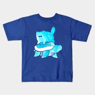 Blue Watercolor Cat and Turtle Kids T-Shirt